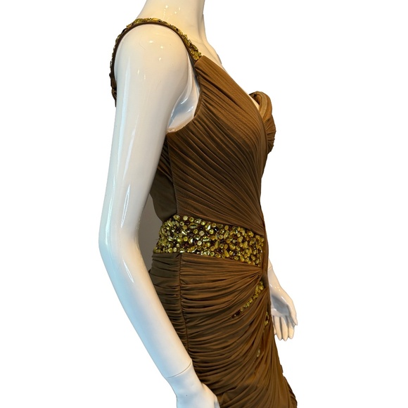 Terani Couture One-Shoulder Mini Dress 4 Nude Beaded Ruched Formal Gold Glam - Picture 3 of 7
